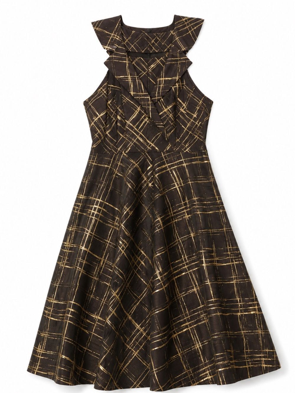 Brown Gold Plaid Cocktail Midi Dress Halter Fit Flare Wedding Guest 6 Lattori